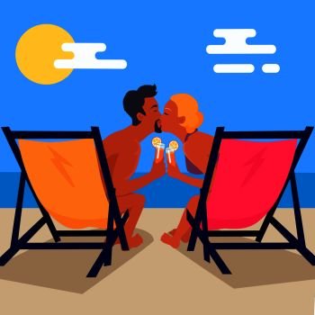 Suntanned couple in swimwear sits on recliners with tasty sweet cocktails and kisses vector illustration, background with lovers at seaside. Couple Sits on Recliners with Cocktails and Kisses