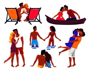 Couples in love on summer holidays that hold hands, kiss and hug each other, sit in recliner, stand in water and swim on canoe vector illustrations.. Couples in Love on Summer Holidays Illustrations