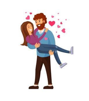 Man with beard holding woman on hands vector illustration of couple in love with hearts over heads isolated on white background, lovers embracing. Man with Beard Holding Woman on Hands Vector