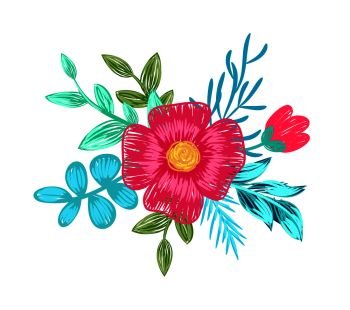 Pink flower in blossom with yellow center, branches and leaves on them, composition on vector illustration isolated on white background. Pink Flower with Branches on Vector Illustration