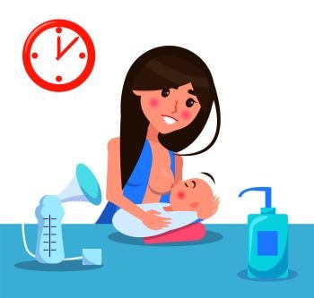 Breastfeeding mother and child, poster with woman and her baby, gel and clock on wall, love and motherhood, vector illustration isolated on white. Breastfeeding Mother and Child Vector Illustration