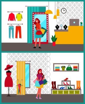 Women shopping posters set, dress and hat, sweaters and pants, counters with jewellery and laptops, ladies with bags, isolated on vector illustration. Women Shopping Posters Set Vector Illustration