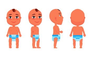 Set of boy infant from front back side view in blue diaper, newborn toddler cartoon design vector illustration with little child isolated on white. Set of Boy Infant from Front Back Side View Vector