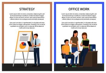 Strategy office work set of posters with workers making presentation near chartboard, discussing business issues at workplace vector illustration. Strategy Office Work Set of Posters with Workers