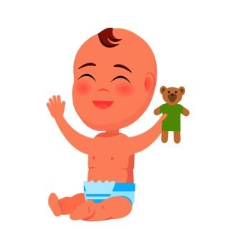 Happy smiling infant with teddy toy in hand merrily laughing vector illustration with little child isolated on white background, funny toddler with bear. Happy Smiling Infant with Teddy Toy in Hand Laugh