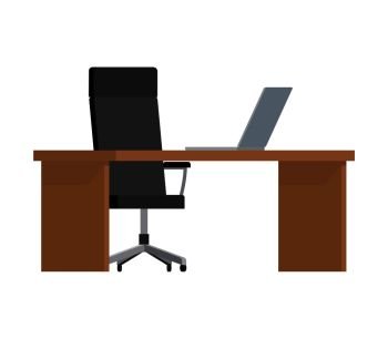 Patterns of office furniture vector illustration with black squared table, black chair with four wheels elegant grey laptop isolated on white backdrop. Patterns of Office Furniture Vector Illustration
