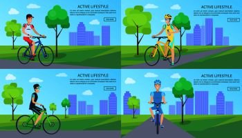 Active lifestyle, web pages set with letterings, buttons and text sample, bicyclists with costumes and smiles on faces isolated on vector illustration. Active Lifestyle Web Pages Set Vector Illustration
