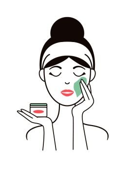 Woman in headband applies soft delicate cream on face with special tissue isolated minimalistic cartoon flat vector illustration on white background.. Woman Applies Soft Delicate Cream on Her Face
