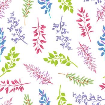 Natural plants branches inside endless texture. Stems with leaves in seamless pattern. Thin branches from wild trees and bushes vector illustration.. Natural Plants Branches inside Endless Texture