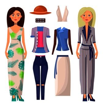Women and clothing set, banner and ladies with summer mode collection, dress and skirt, hat and bracelet with jacket isolated on vector illustration. Women and Clothing Set Vector Banner Illustration