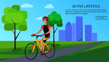 Active lifestyle, web page with text sample and button with headline, bicyclist and cityscape, trees and clear sky isolated on vector illustration. Active Lifestyle Bicyclist Vector Illustration