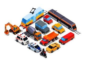 Transport collection poster with transports, cars and tram, train and bulldozer, urban elements, vector illustration isolated on white background. Transport Collection Poster Vector Illustration