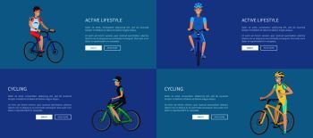 Active lifestyle and cycling, colorful posters, vector illustration with four sportsman s on bikes, special equipment, isolated on blue background. Active Lifestyle and Cycling Colorful Posters