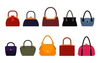Set of women bags stylish accessories for females vector illustration isolated on white. Leather handbags, bags with handles and locks fashionable purses. Set of Women Bags Stylish Accessory Females Vector