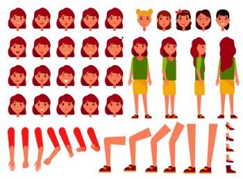 Woman constructor, set of female faces, body parts, front back side view character emotions vector. Positive and negative mood, energetic and tired. Woman Constructor, Set of Female Faces, Body Parts