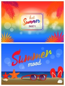 Hot summer party summertime mood poster with red sunglasses on beach, sea stars and flip-flops in sand on coastline and palm trees vector summer banners. Hot Summer Party Summertime Mood Poster Beach Set