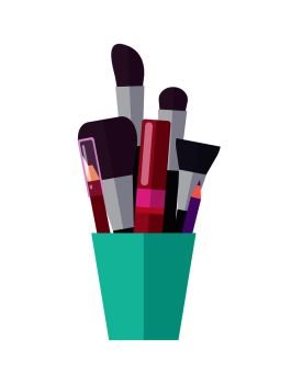Lush brushes set, bright pencils for lips outline and red tube of mascara in bright cup isolated cartoon flat vector illustration on white background.. Lush Brushes, Bright Pencils and Tube of Mascara