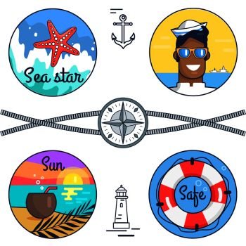 Sea star, sun and safe, set of images, with sailor and sunset, cocktail in coconut and lifebuoy, rope and compass isolated on vector illustration. Sea Star, Sun and Safe Set Vector Illustration