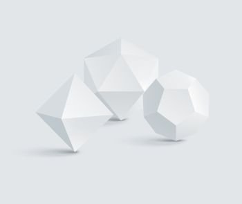 Octahedron and icosahedron, dodecahedron prisms, white geometric figures group, vector illustration, polygonal prisms, triangles and pentagons figures. Octahedron and Icosahedron, Dodecahedron Prisms