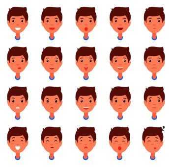 Set of man faces, character constructor different emotions vector. Male in positive and negative mood, energetic and tired, happy and upset emoji concept. Set of Man Faces, Character Constructor Emotions