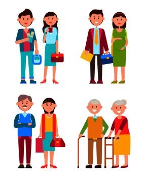 Couples set of different ages, young people and families, parents and pregnant woman, grandparents and human, vector illustration isolated on white. Couples Set of Different Ages Vector Illustration