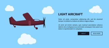 Light aircraft closeup of airplane in violet color web banner with place for text vector illustration. Fast mean of transportation for travelling by air. Light Aircraft Closeup of Airplane in Color Banner
