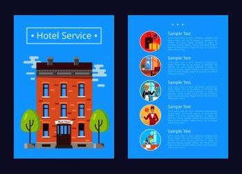 Hotel service Internet page with brick building, heavy baggage, cozy room, professional cleaning woman, responsible receptionist vector illustrations.. Hotel Service Detailed Informative Internet Page
