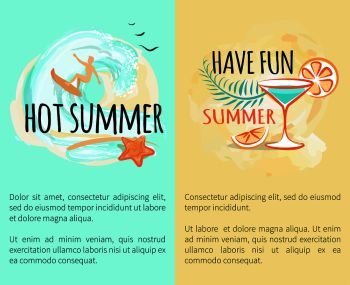 Hot summer have fun set of banners with man surfing on surfboard, seashells on tropical sandy beach and cocktail vector web posters with place for text. Hot Summer Sea Adventures Set of Banners with Text
