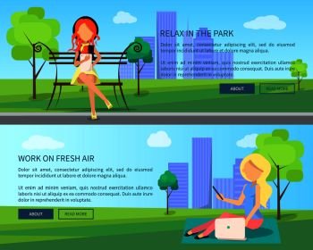 Relax in park work on fresh air set of web banners with women working on electronic devices set of vector illustrations on cityscape background. Work on Fresh Air Vector Banner Woman with Laptops