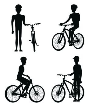 Set of dark silhouettes of various bikes and cyclists, black and white vector illustration isolated on bright backdrop, standing and riding sportsmen. Set of Dark Silhouettes of Bikes and Cyclists