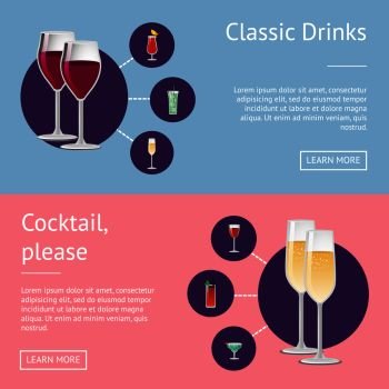 Classic drinks, cocktail please, set of posters with alchohol beverages on your choice in round circles vector online web banner learn more push button. Classic Drinks Cocktail Posters with Alchohol