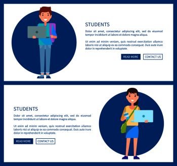Students web posters online education concept, woman and man with notebook in hands, vector illustration banner advert distance education via internet. Students Posters Online Education Concept Vector