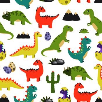 Dino seamless pattern image, dinosaurs and egg, rock and mountain, cactus and types of dinosaurs, vector illustration isolated on white background. Dino Seamless Pattern Image Vector Illustration