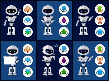 Robots of modern type set collection of robots waving and standing with sheet of paper icons with humanoids in circles isolated on vector illustration. Robots of Modern Type Set Vector Illustration