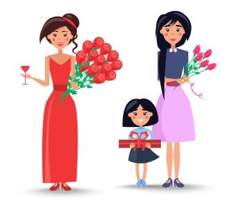 Woman in red dress with roses and glass of wine, female character in purple skirt holds pink roses and little girl with gift vector illustrations.. Women and Little Girl with Flowers and Present