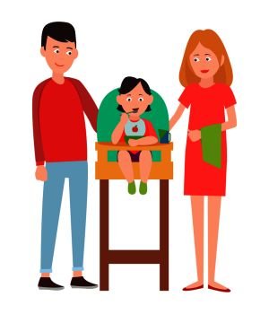 Infant child eating from bowl in baby chair, mother and father proud of him vector illustration isolated on white background, happy parenthood concept. Infant Child Eating from Bowl in Baby Chair Vector