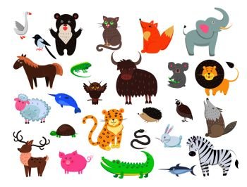 Cute wild and domestic animals cartoon stickers or icons set. Funny owl, leopard, turtle, crocodile, and pig isolated flat vectors. Bird, mammals and reptiles illustrations outlined with dotted line. Cute Animals Cartoon Flat Vector Set