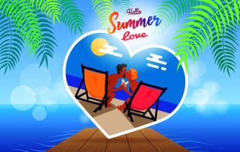 Summer love poster in heart shape with couple on recliners at beach with cocktails kisses near sea under hot sun vector illustration banner. Couple on Recliners at Beach with Cocktails Kisses
