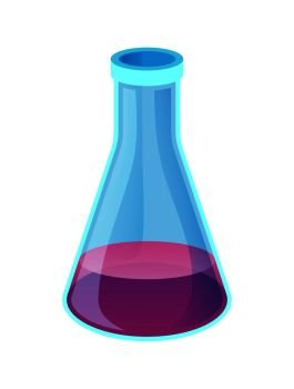 Chemical conus shape flask with purple liquid inside vector illustration icon isolated on white background. Laboratory reservoir made of glass. Chemical Conus Shape Flask with Purple Liquid