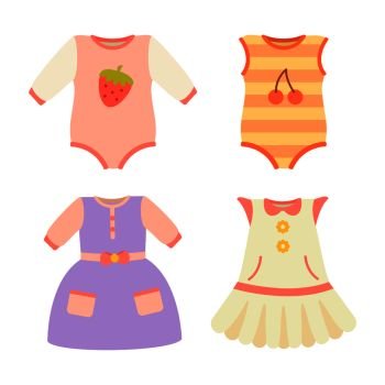 Baby clothes collection, poster with dresses and pockets, stretchie and jumpers with berries, baby clothes vector illustration, isolated on white. Baby Clothes Collection Dress Vector Illustration