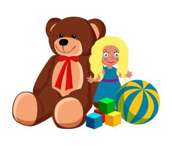 Teddy bear with red ribbon on neck and blonde doll wearing dress, cubes and ball with stripes, Christmas toys set isolated on vector illustration. Teddy Bear and Doll Toys Set Vector Illustration