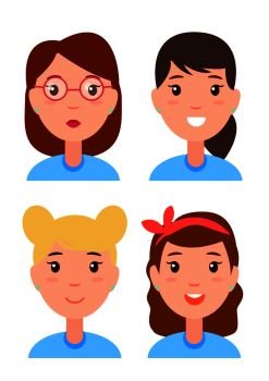 Set of women faces, character constructor different hairstyles, accessories glasses and bows, positive and frustrated female emotions vector avatars. Set Women Faces, Character Constructor Hairstyles