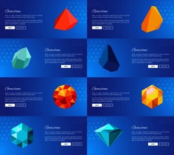 Gemstone geological precious stones vector illustration collection of pages with push-buttons isolated on blue, crystals and minerals online jewelry gems. Gemstone Geological Precious Stones Vector Set
