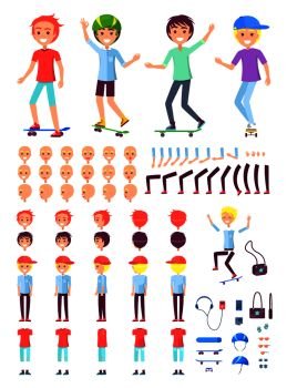 Young boys constructor with skate and accessories. Skater boys in helmets with body parts. Guys with sunglasses constructor vector illustrations.. Young Boys Constructor with Skate and Accessories