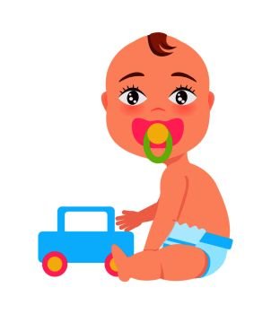 Baby wearing diaper and sitting with soother in its mouth, holding car and looking straight with eyes vector illustration isolated on white background. Baby with Soother and Toy Car Vector Illustration