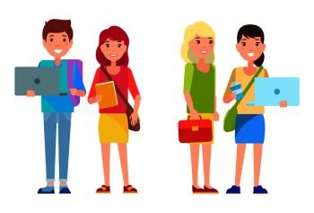 Students boy and girls in cartoon style smiling, woman and man with notebook and refreshing drink, leather case bag, pretty girls college students. Students Boy and Girls Cartoon Style Smile Woman
