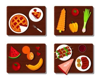Pie and summer picnic set of wooden boards and vegetables, meat and fresh fruits summer picnic dishes vector illustration isolated on white background. Pie and Summer Picnic Set Vector Illustration