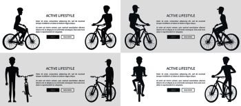 Active lifestyle set of posters with text depicting cyclists in black and white colors. Isolated vector illustration of sportsmen with bicycles silhouettes. Active Lifestyle Set of Posters Depicting Cyclists