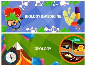 Biology and Medicine, Geology Poster with medical capsules, microscope, old compass, Earth deposits and dinosaurs remains vector illustration.. Biology, Medicine and Geology Themed Bright Poster