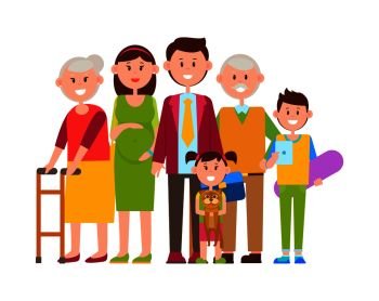 Family together big poster, banner with people of dierent ages, kid with cat, teenager with tablet, pregnant woman isolated on vector illustration. Family Together Big Poster Vector Illustration
